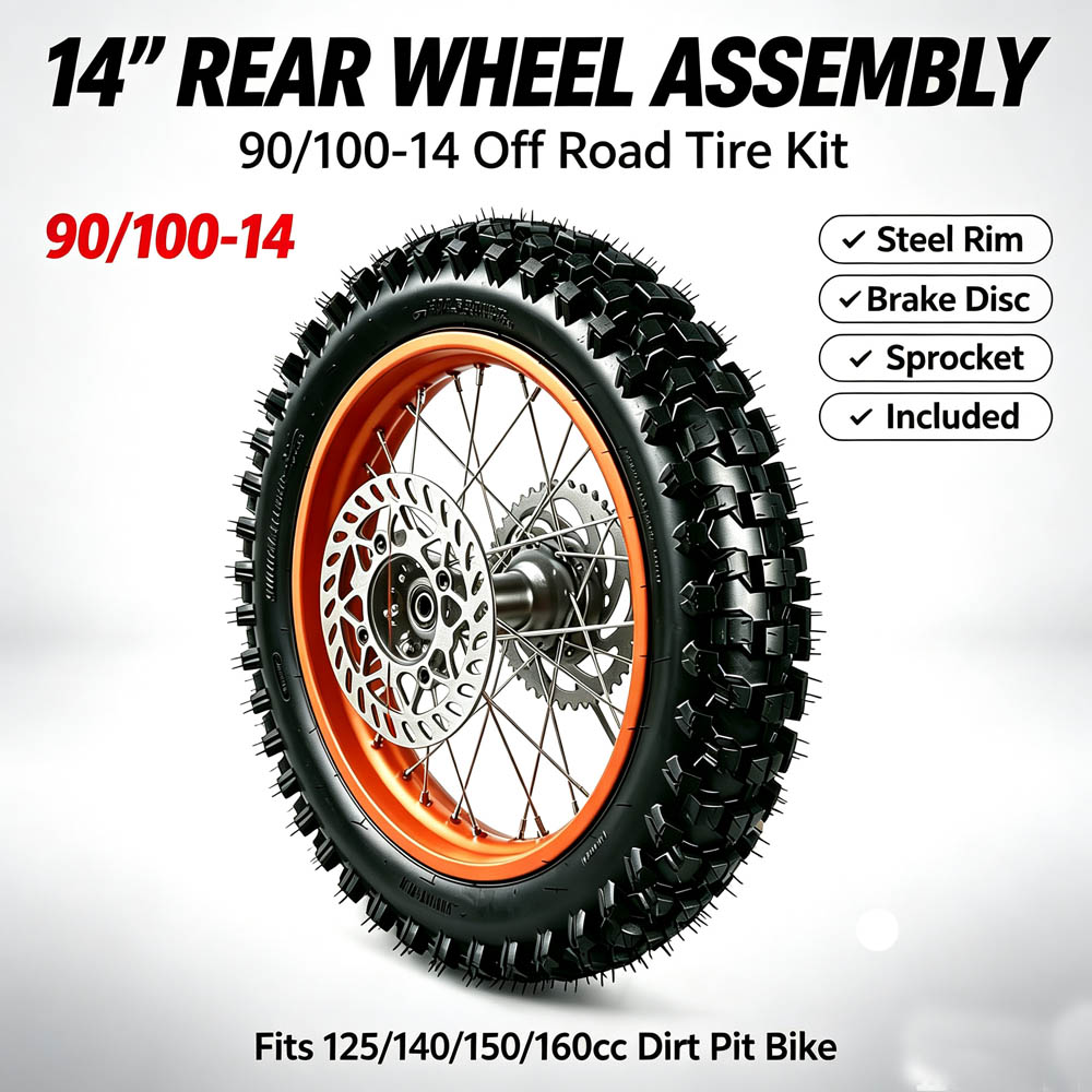Road Bike Tire - 14インチリアホイールタイヤアセンブリ 90/100-14 オフロードリム ブレーキディスクスプロケット付き 125-160cc Apollo