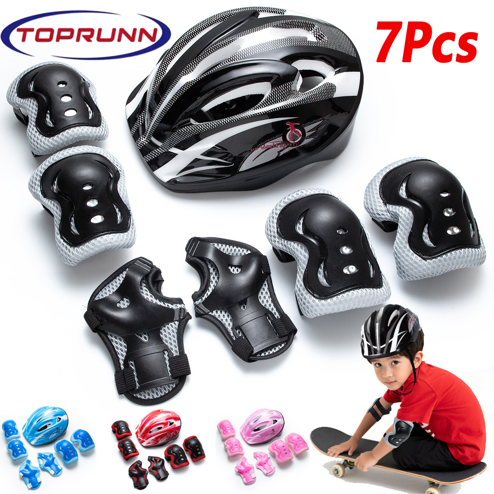 Cycling Safety Gear For Kids - 7 in 1 キッズ保護具セット（スポーツヘルメット、膝・肘・手首用安全パッド付き）、男の子と女の子向け、サイクリングに最適